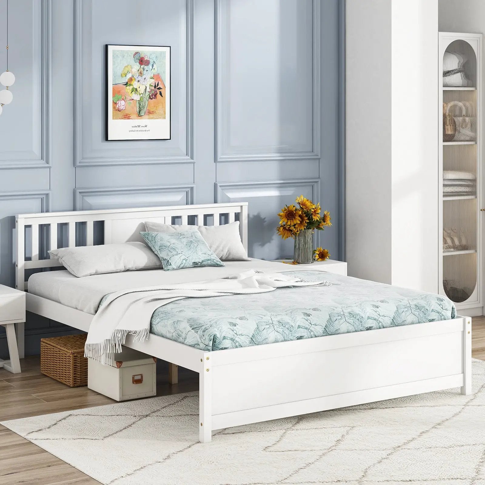 Wooden Platform Bed with Headboard and Wood Slat Support White by DirectDeals