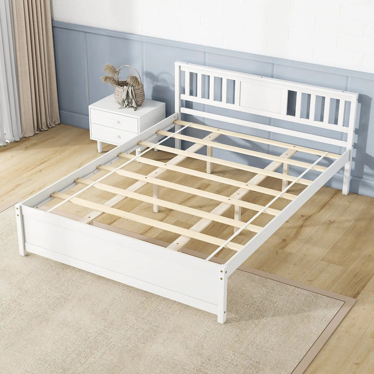 Wooden Platform Bed with Headboard and Wood Slat Support White, photo 6 of 10