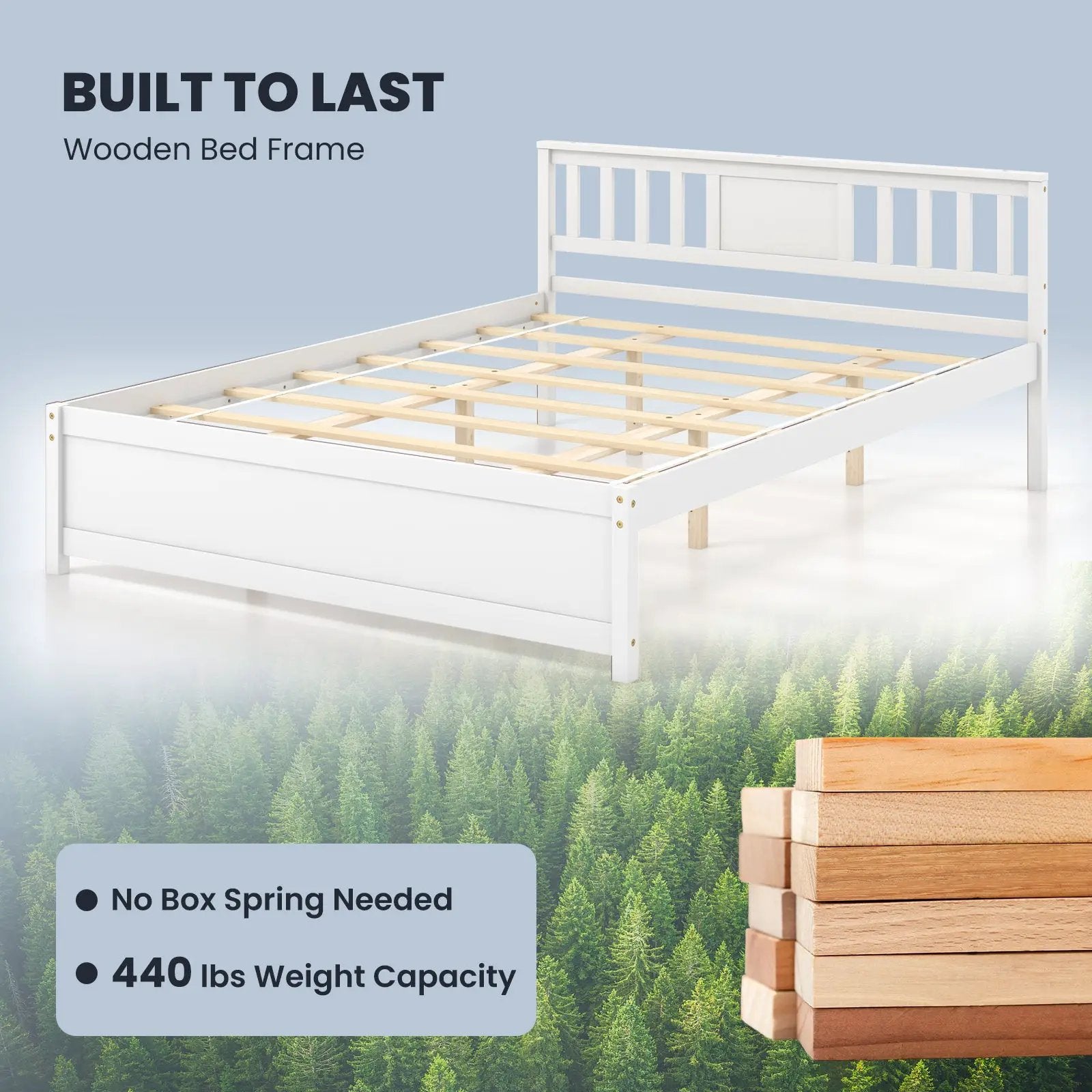 Wooden Platform Bed with Headboard and Wood Slat Support White by DirectDeals