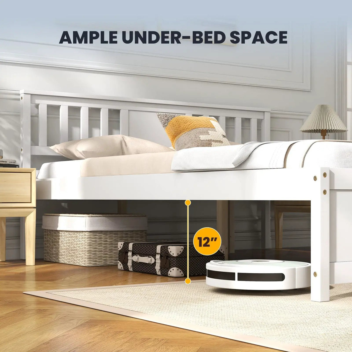 Wooden Platform Bed with Headboard and Wood Slat Support White, photo 8 of 10