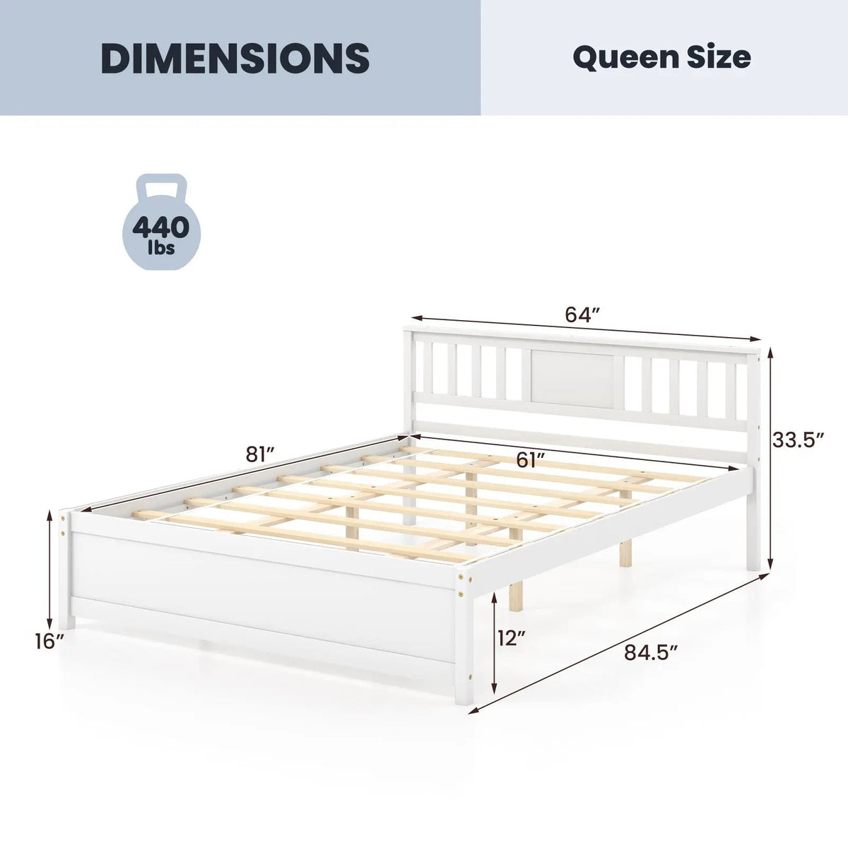 Wooden Platform Bed with Headboard and Wood Slat Support White, photo 4 of 10