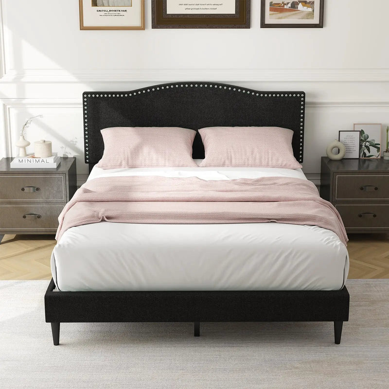 Queen Size Upholstered Bed Frame with Nailhead Trim Headboard-Queen Size by DirectDeals
