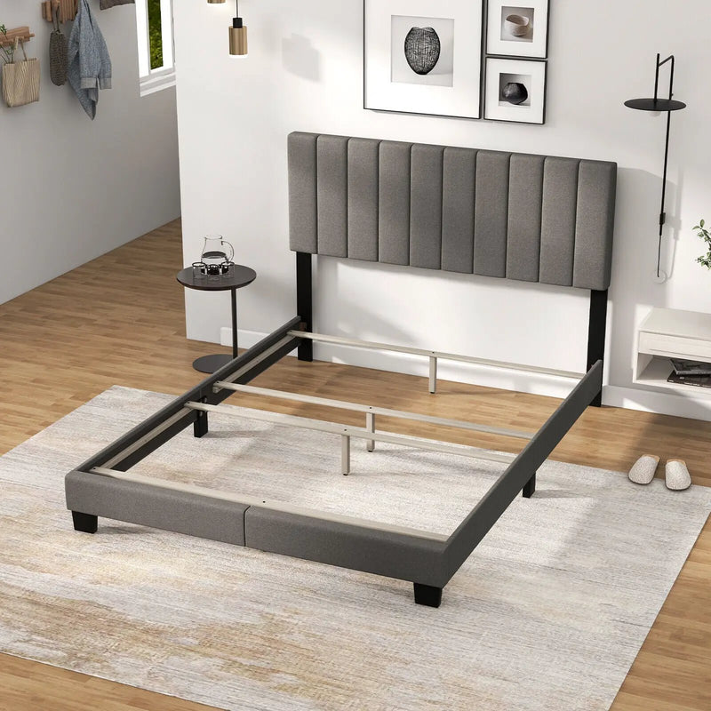 Queen Size Upholstered Bed Frame with Vertical Channel Tufted Headboard Gray by DirectDeals