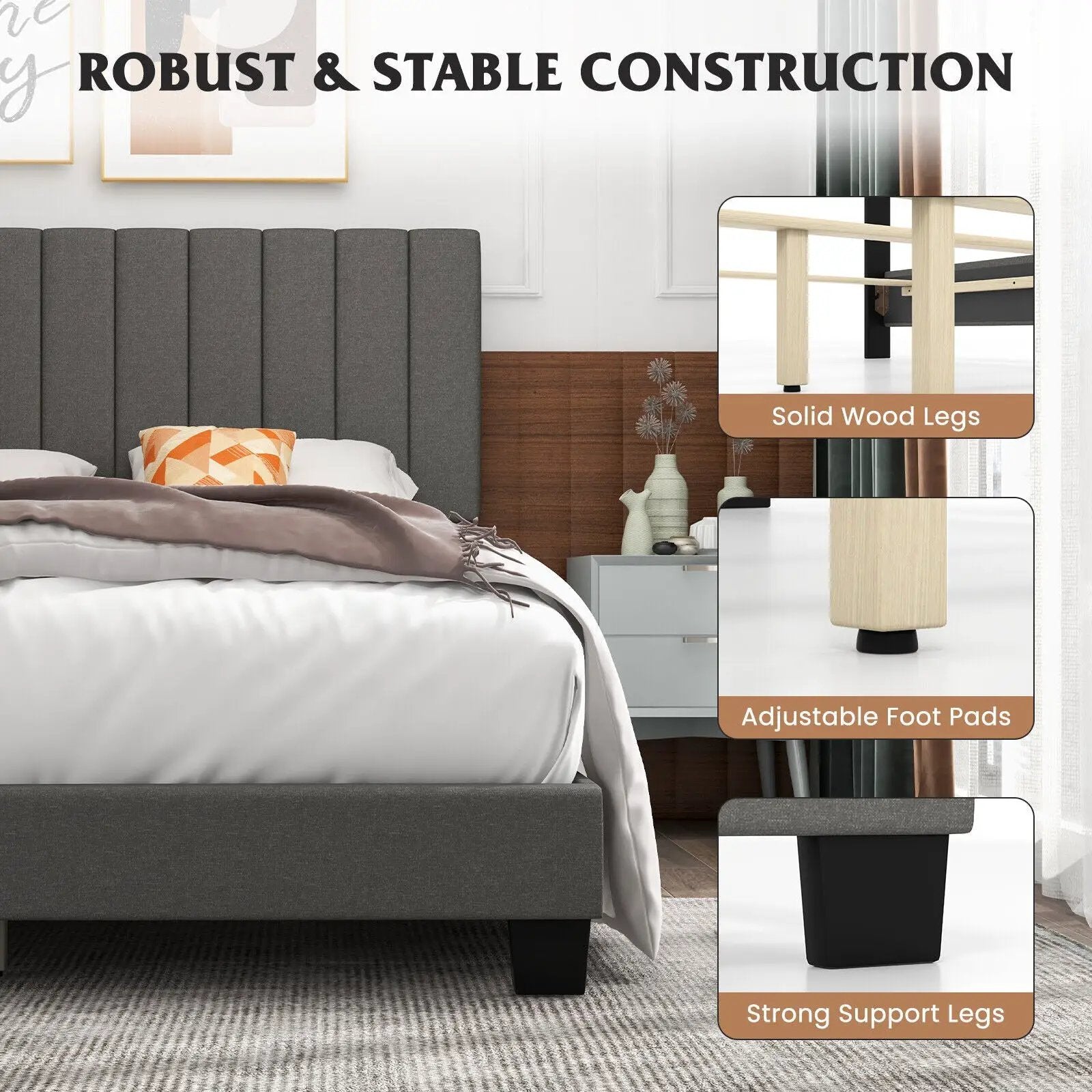 Queen Size Upholstered Bed Frame with Vertical Channel Tufted Headboard Gray by DirectDeals