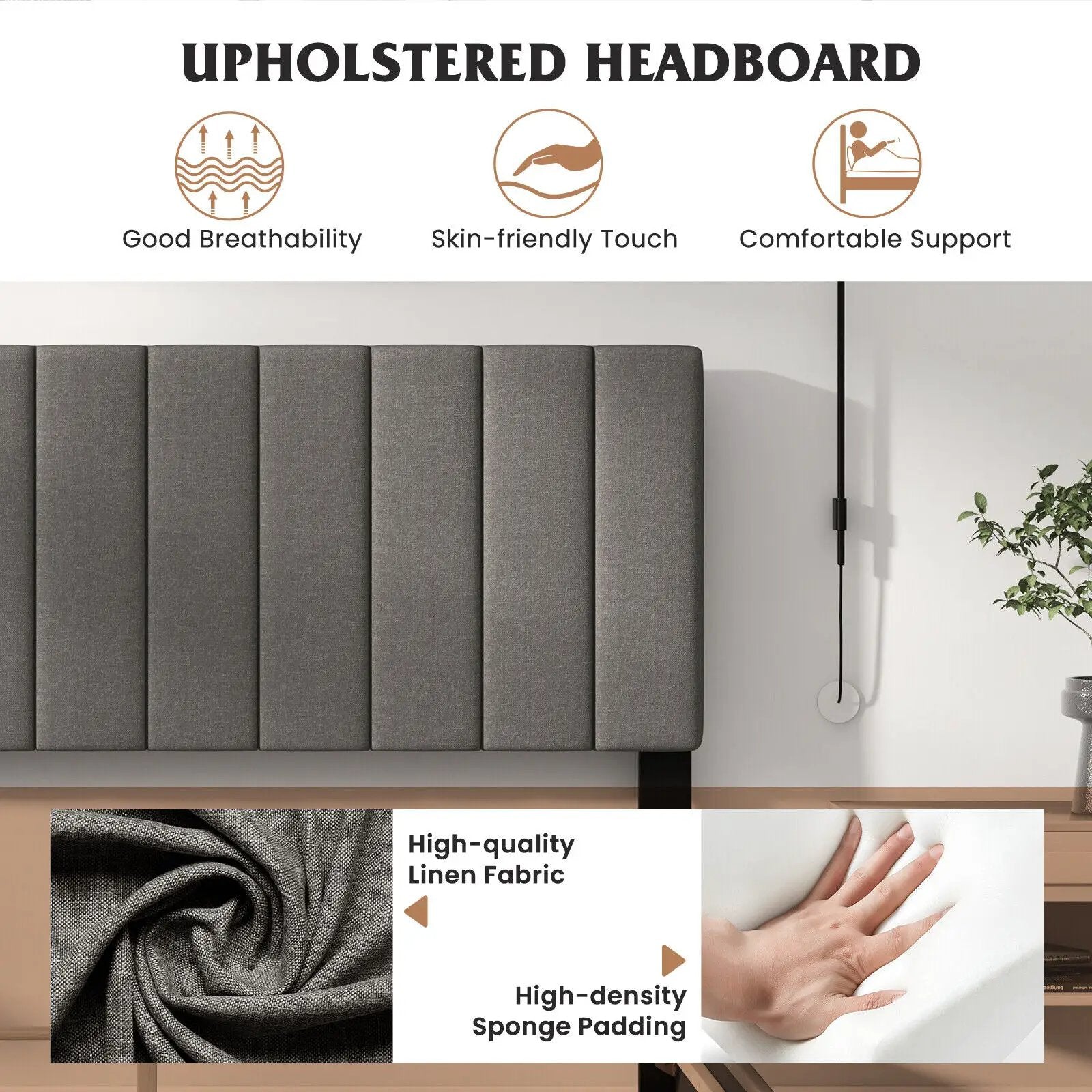 Queen Size Upholstered Bed Frame with Vertical Channel Tufted Headboard Gray by DirectDeals