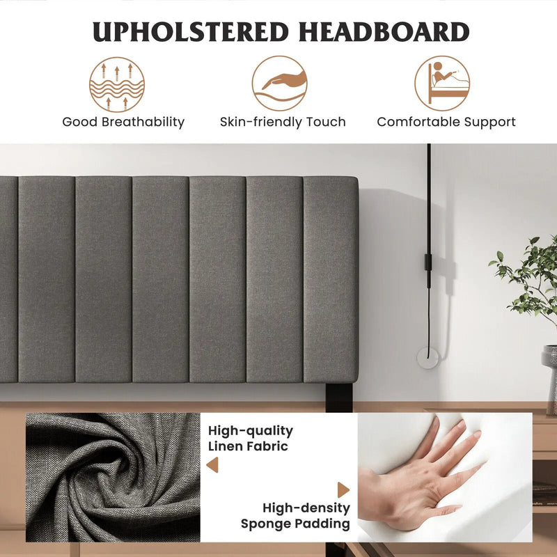 Queen Size Upholstered Bed Frame with Vertical Channel Tufted Headboard Gray by DirectDeals