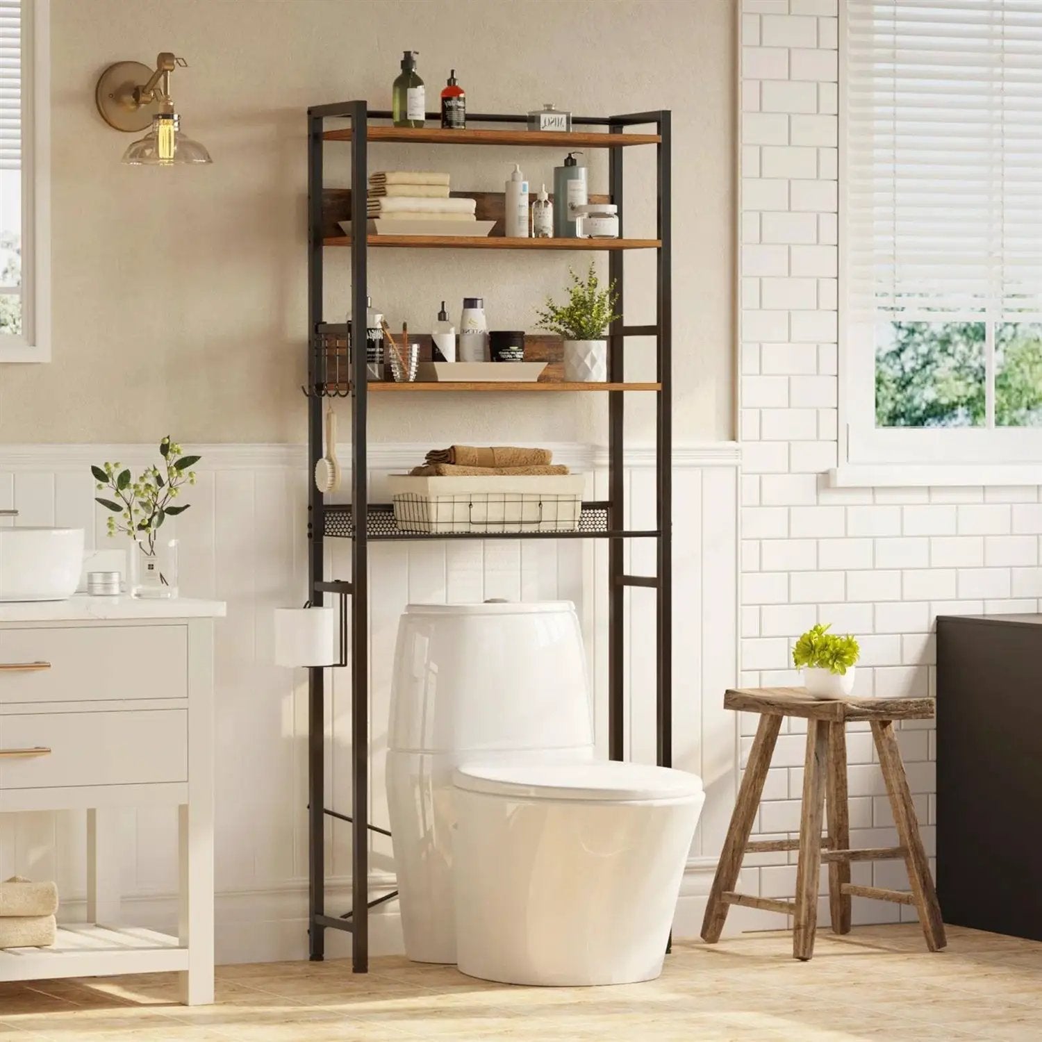 Over the Toilet Storage Freestanding Modern Black Metal Brown Wood Shelving Unit by HomePacific