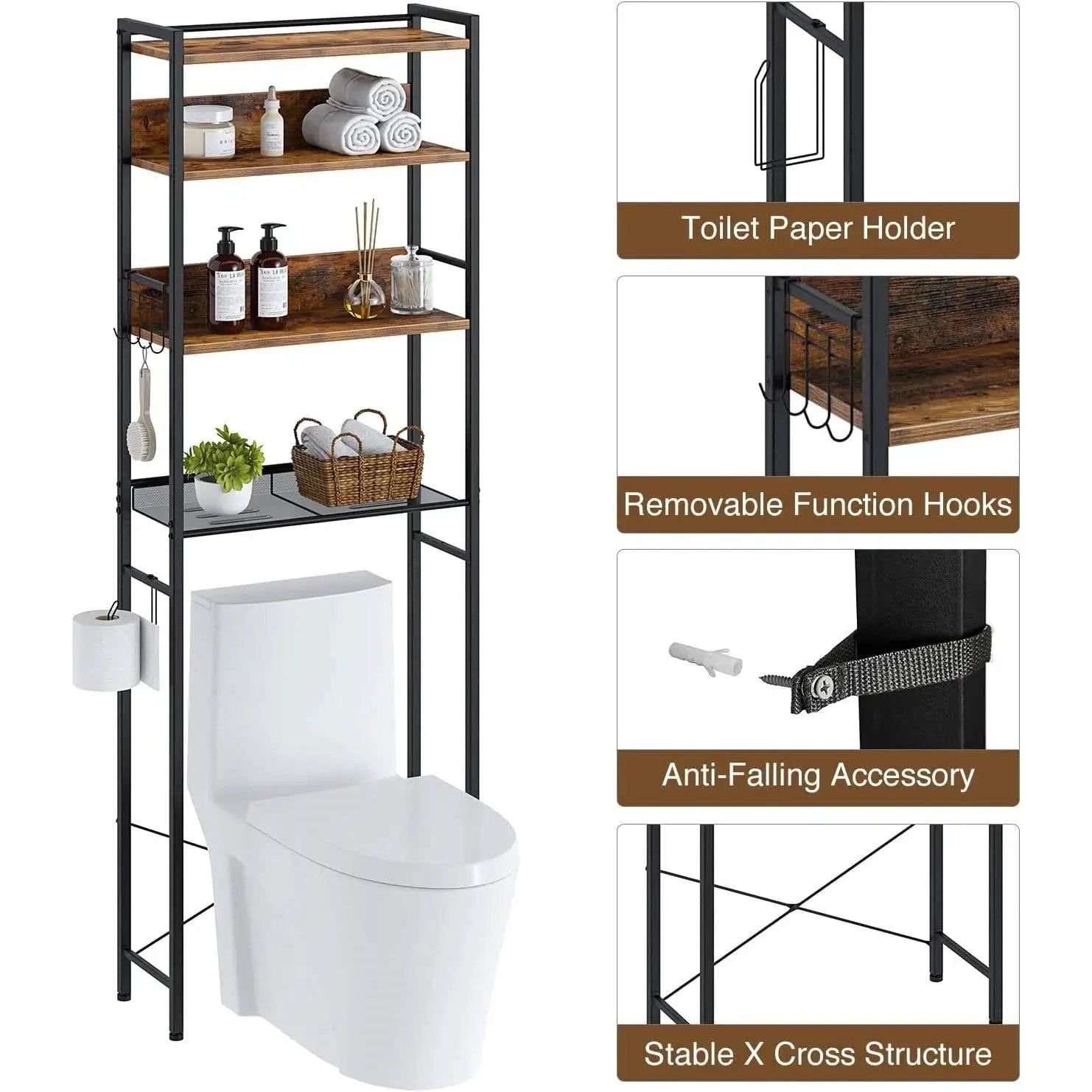 Over the Toilet Storage Freestanding Modern Black Metal Brown Wood Shelving Unit by HomePacific
