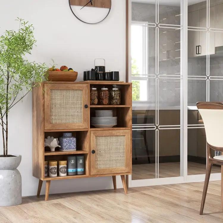 Mid-Century Modern Wood Sideboard Dining Buffet Storage Cabinet w/ Rattan Doors by HomePacific