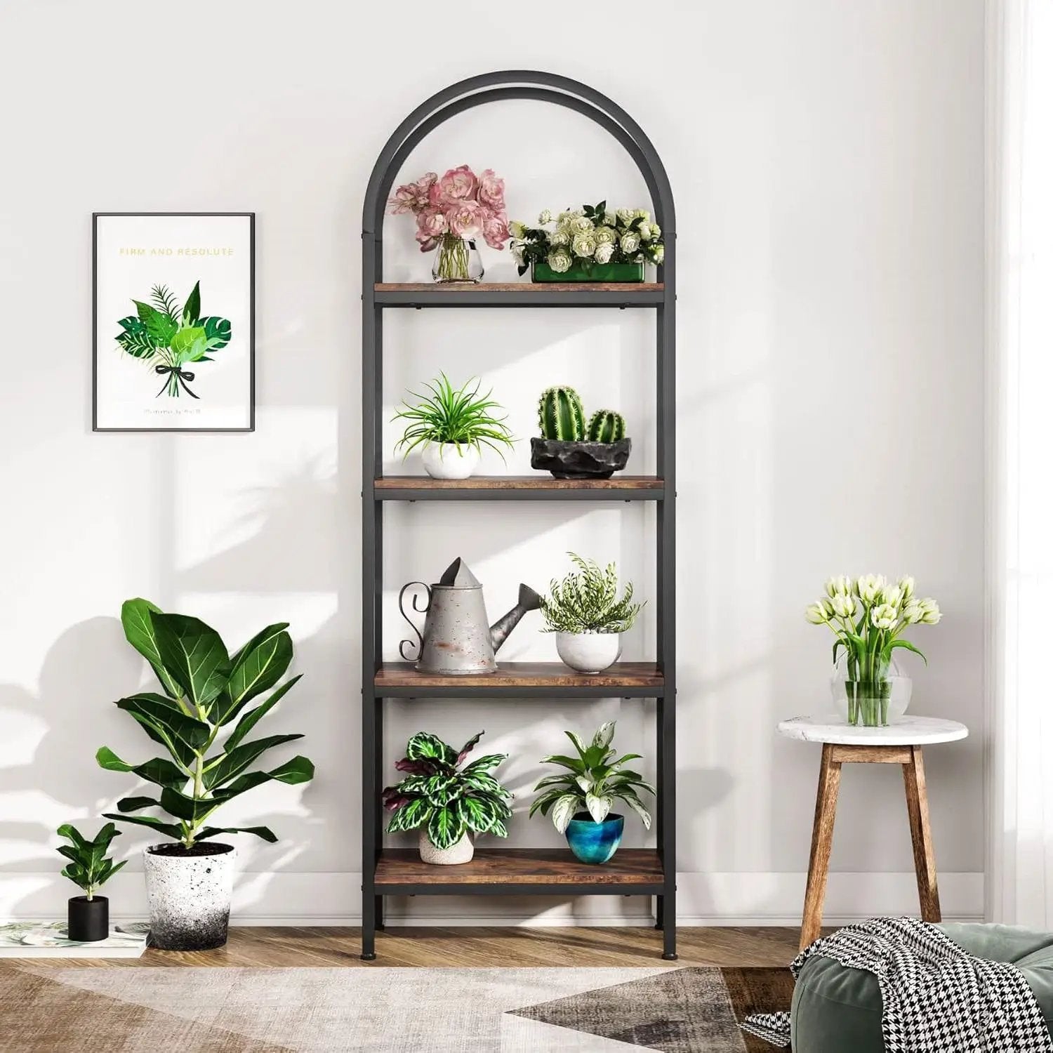 Modern Industrial Metal Wood Display Rack Bookcase with 4 Storage Shelves by HomePacific