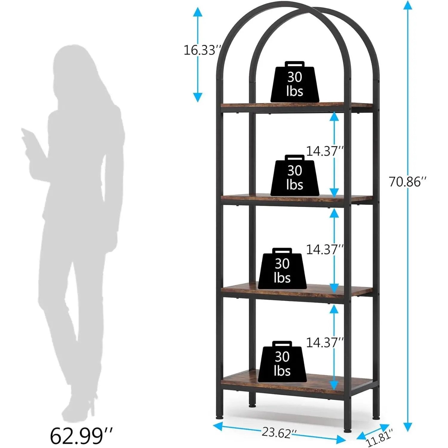 Modern Industrial Metal Wood Display Rack Bookcase with 4 Storage Shelves by HomePacific