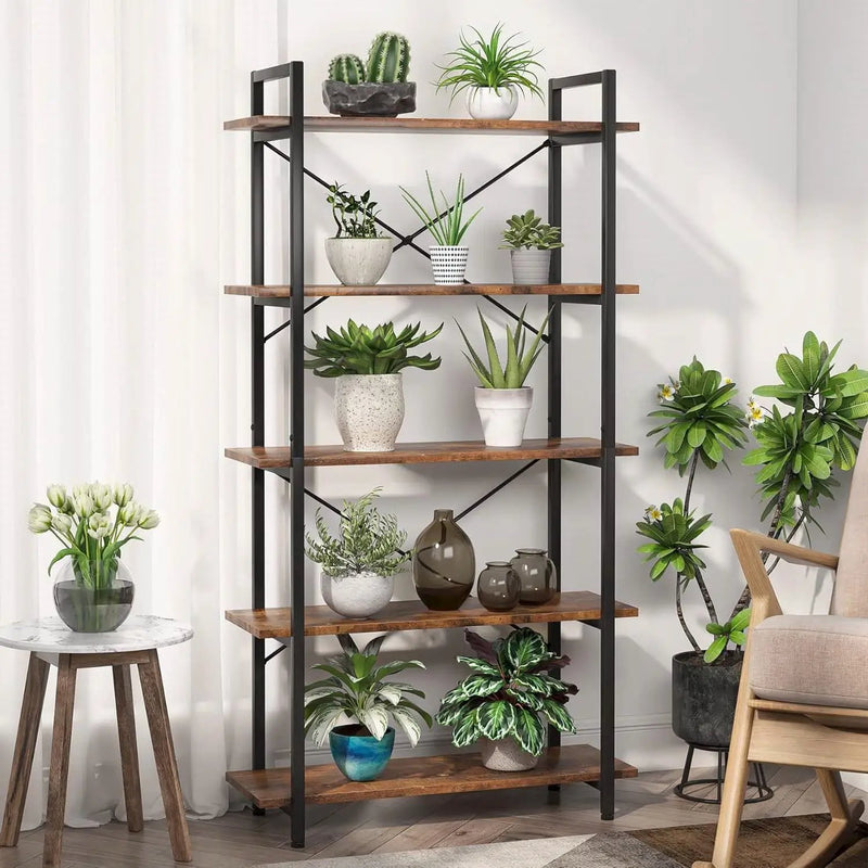 Modern Industrial 5-Shelf Bookcase with Sturdy Metal Frame and Wooden Shelves by HomePacific