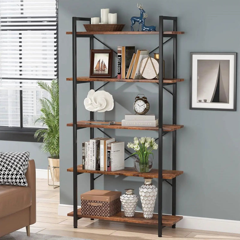 Modern Industrial 5-Shelf Bookcase with Sturdy Metal Frame and Wooden Shelves by HomePacific