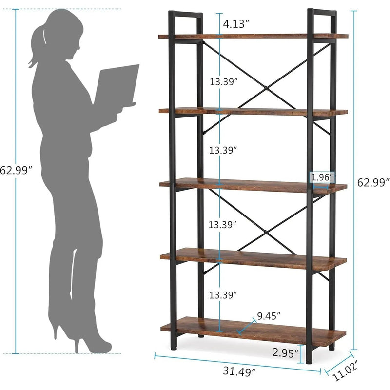 Modern Industrial 5-Shelf Bookcase with Sturdy Metal Frame and Wooden Shelves by HomePacific