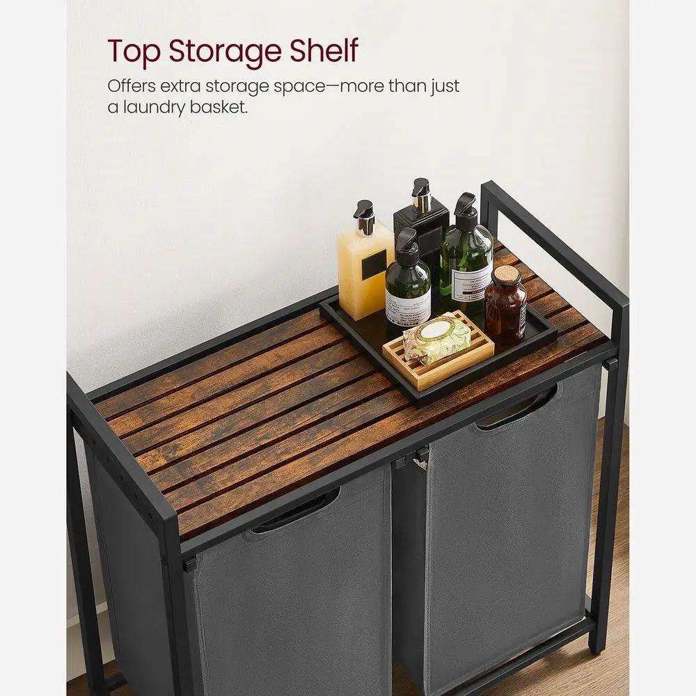 Modern Grey 2-Basket Laundry Hamper Sorter Black Frame Rustic Brown Top Shelf by HomePacific