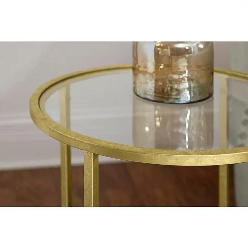 Round Accent Side Table Gold Metal Glass Top Bottom Shelf End Table by HomePacific