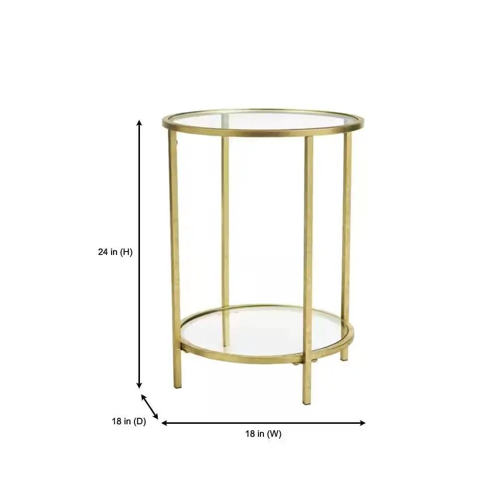 Round Accent Side Table Gold Metal Glass Top Bottom Shelf End Table by HomePacific