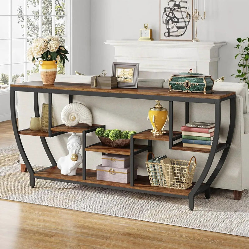 Industrial Modern 70-inch Long Narrow Console Sofa Table with Brown Wood Shelves by HomePacific