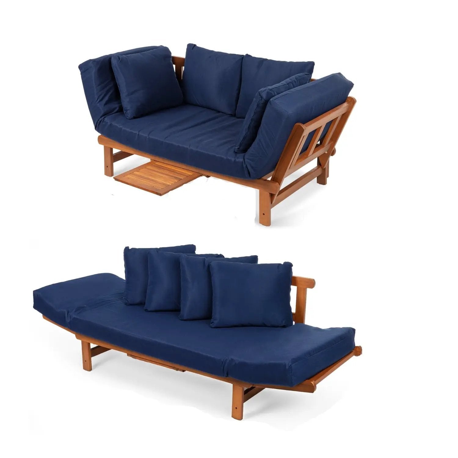 Navy Blue Outdoor Acacia Wood Convertible Sofa Futon with 4 Removable Pillows by HomePacific
