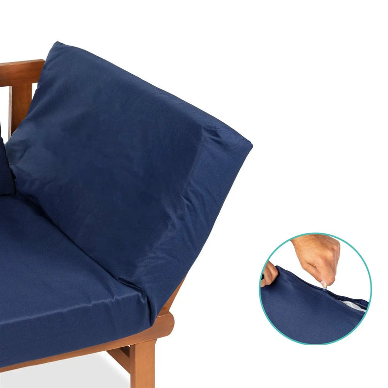 Navy Blue Outdoor Acacia Wood Convertible Sofa Futon with 4 Removable Pillows by HomePacific