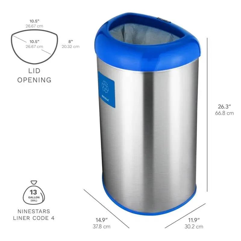 13-Gallon Stainless Steel Recycle Bin with Blue Open Top by HomePacific