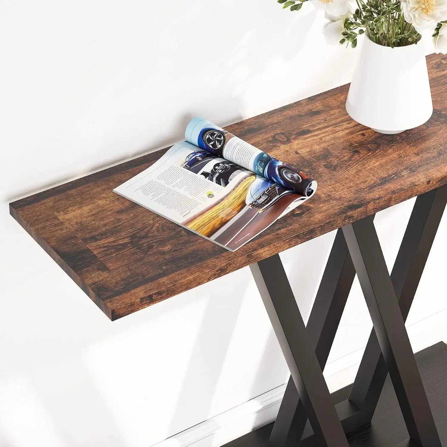 Modern 43-inch Narrow Entryway Table with Brown Wood Top and Black Metal Frame by HomePacific