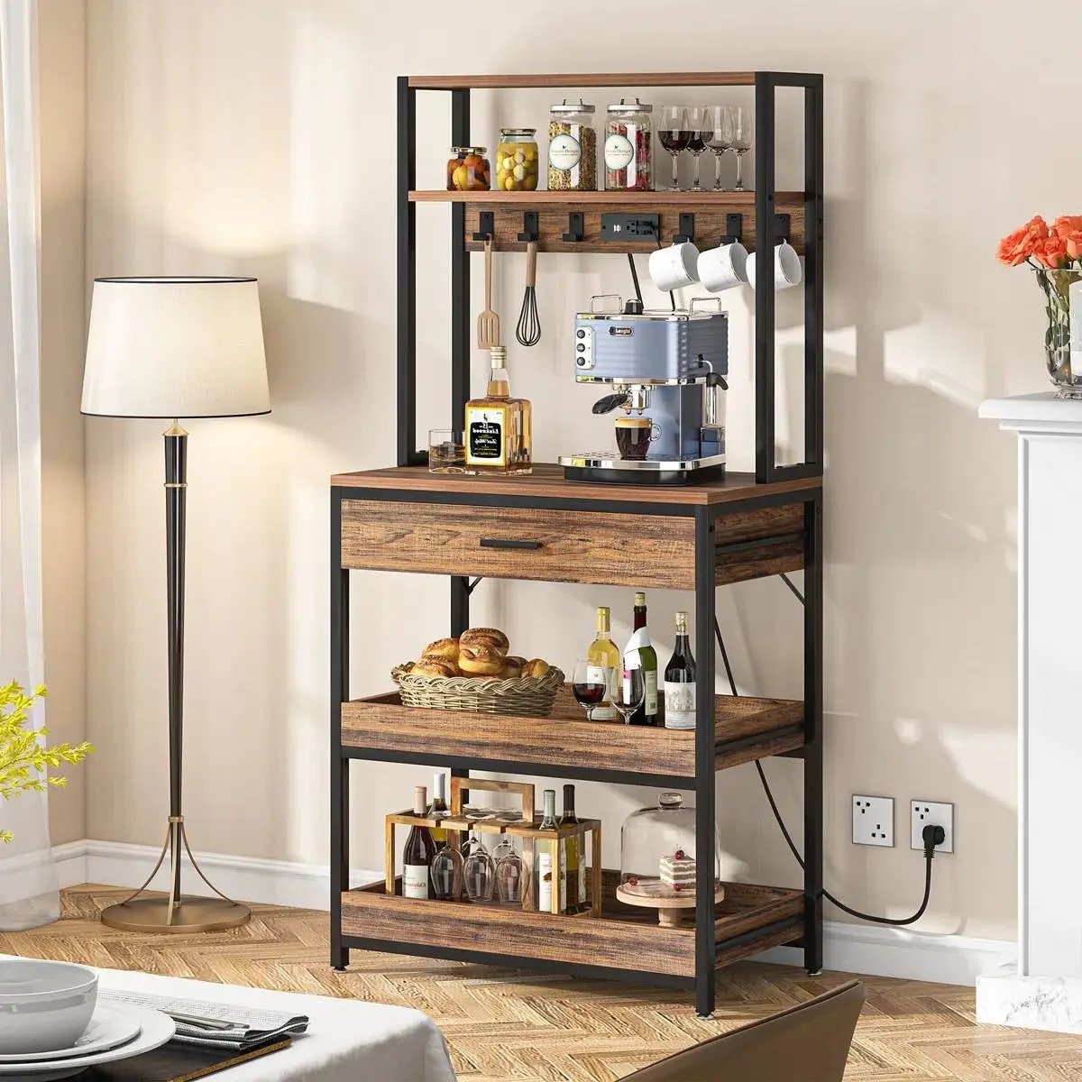 Modern Baker's Rack Shelving Unit with Pull-Out Shelves and Storage Drawer by HomePacific
