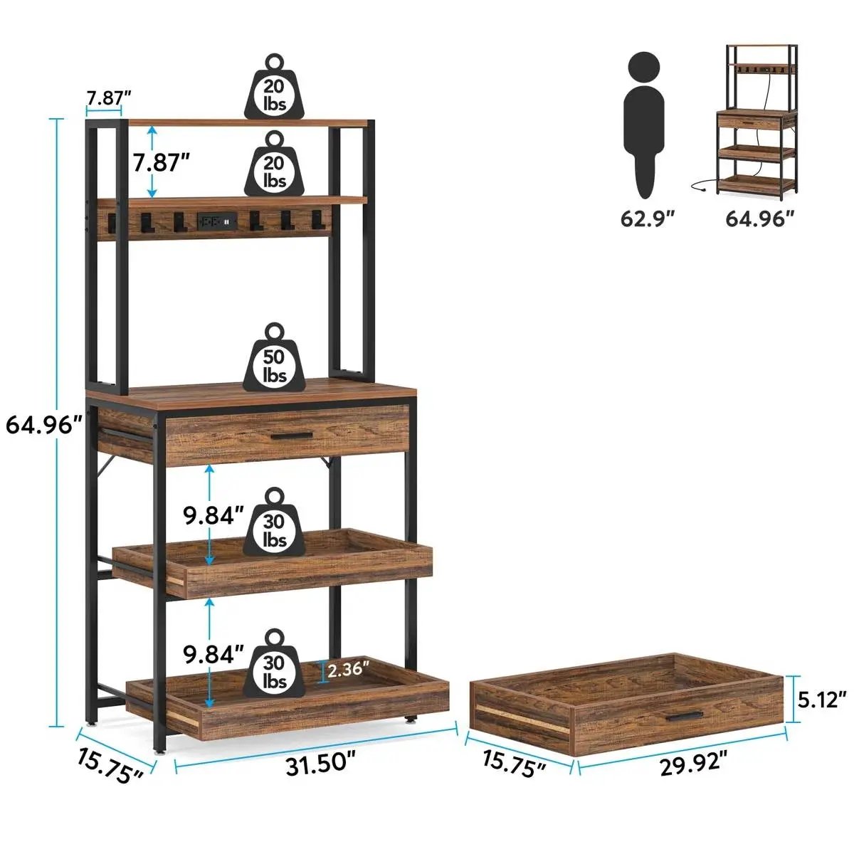 Modern Baker's Rack Shelving Unit with Pull-Out Shelves and Storage Drawer by HomePacific