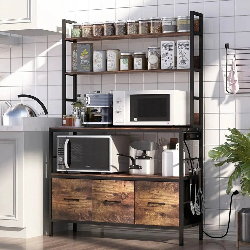 Black Metal Kitchen Baker's Rack with Brown Wood Shelves and Storage Cabinets by HomePacific