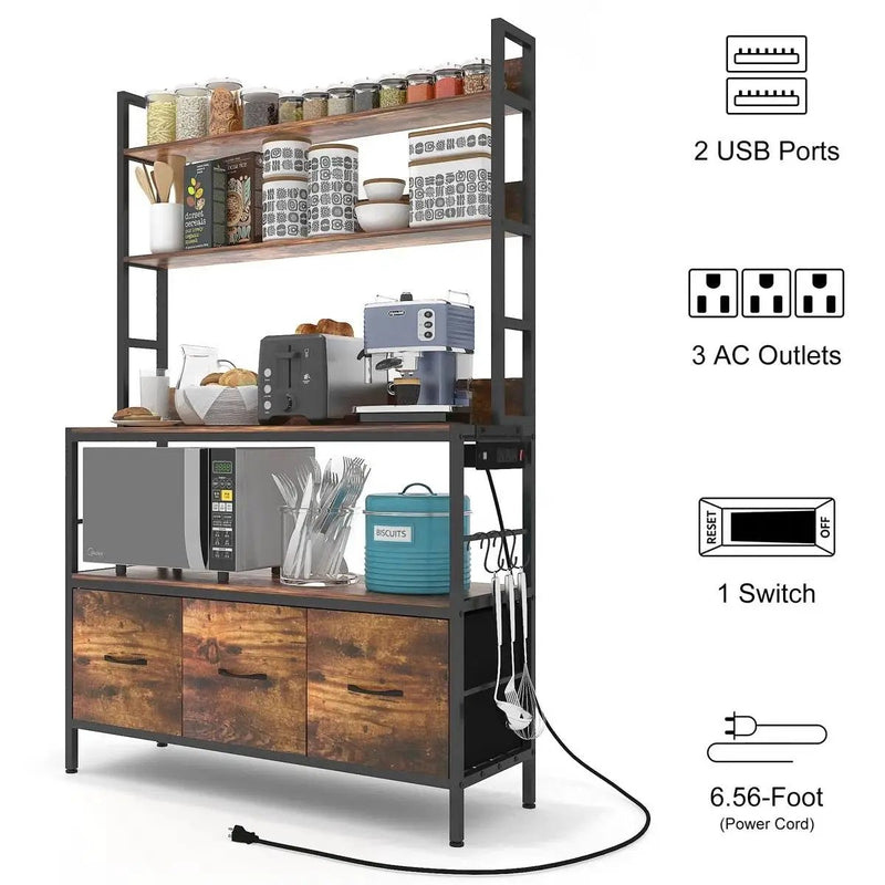Black Metal Kitchen Baker's Rack with Brown Wood Shelves and Storage Cabinets by HomePacific