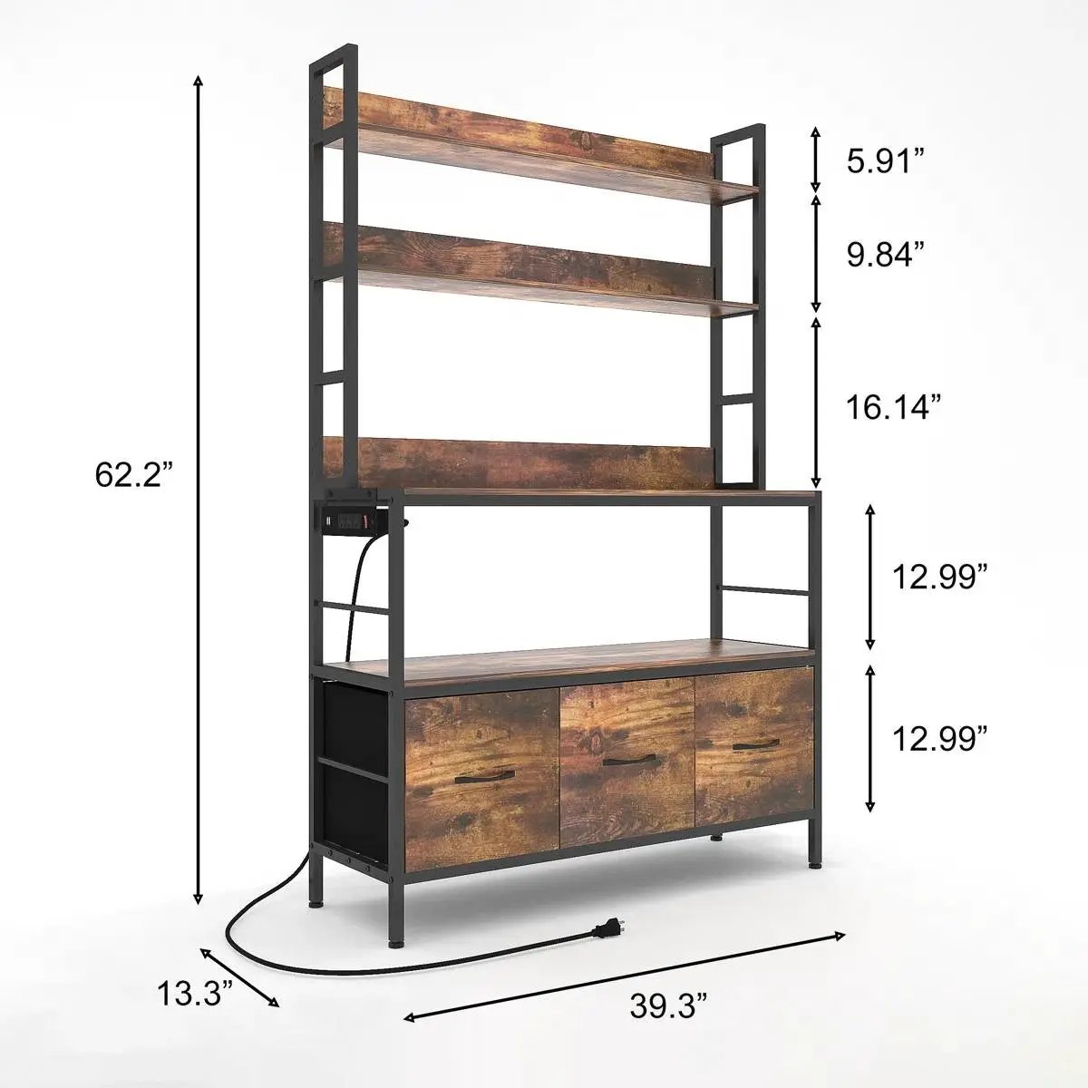 Black Metal Kitchen Baker's Rack with Brown Wood Shelves and Storage Cabinets by HomePacific