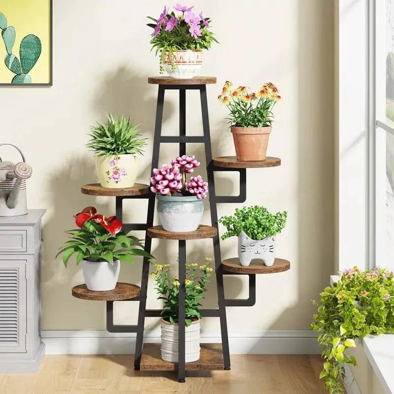 Modern Indoor Multi-Tier Plant Stand with Black Metal Frame and Wood Shelves by HomePacific