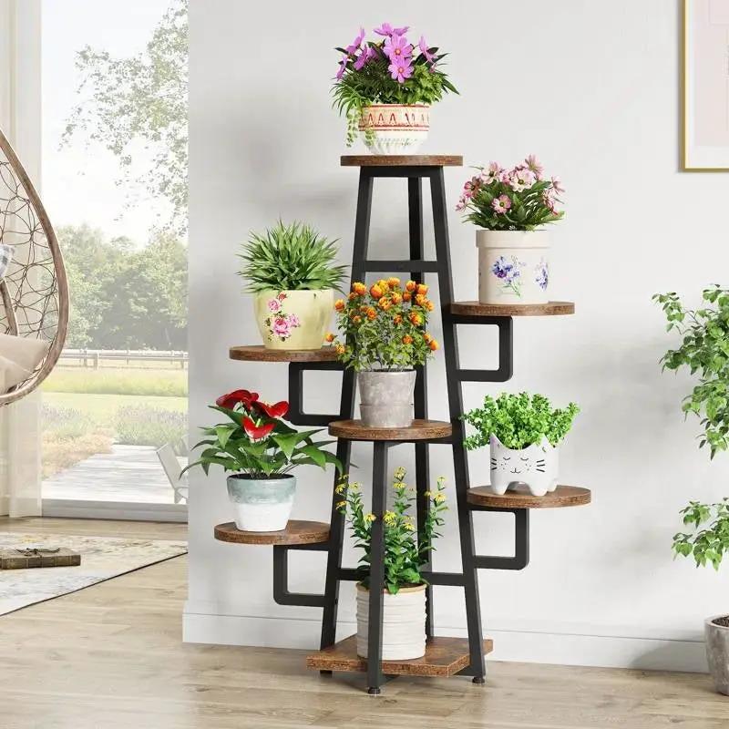 Modern Indoor Multi-Tier Plant Stand with Black Metal Frame and Wood Shelves by HomePacific