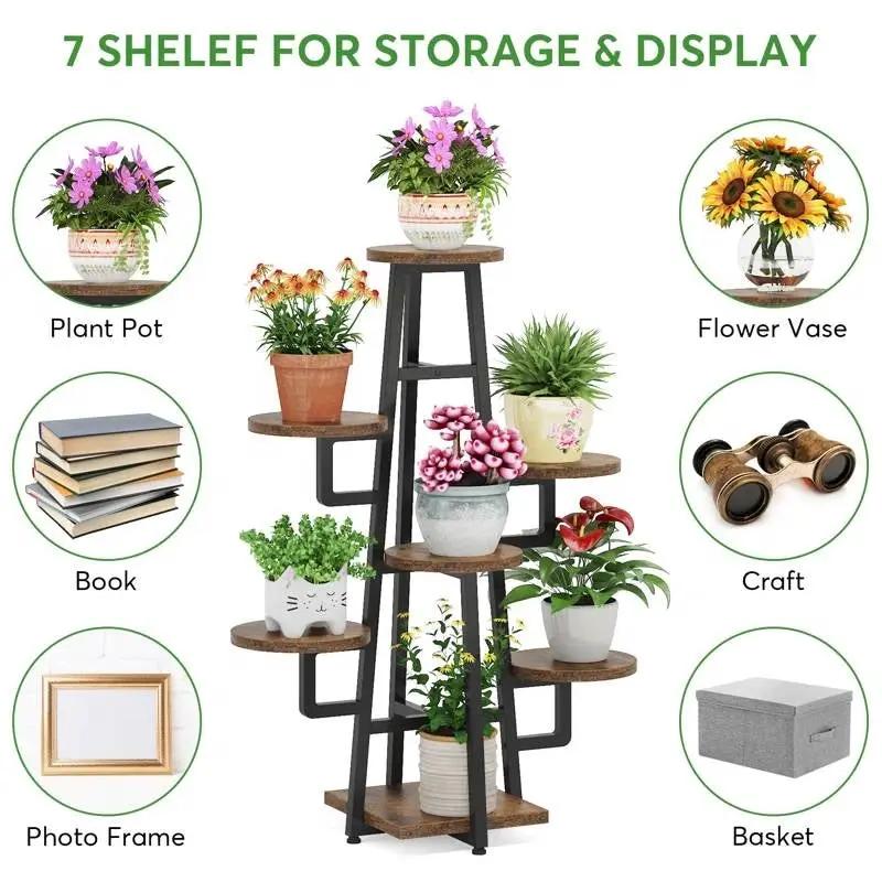 Modern Indoor Multi-Tier Plant Stand with Black Metal Frame and Wood Shelves by HomePacific