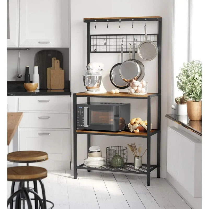 Black Metal Kitchen Baker's Rack Microwave Stand with Wood Storage Shelves by HomePacific