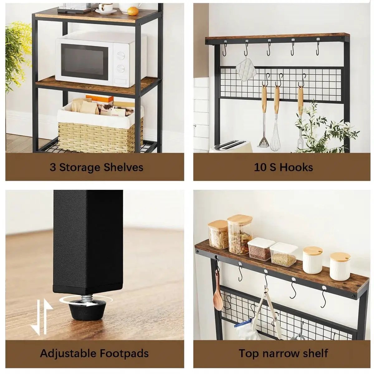 Black Metal Kitchen Baker's Rack Microwave Stand with Wood Storage Shelves by HomePacific