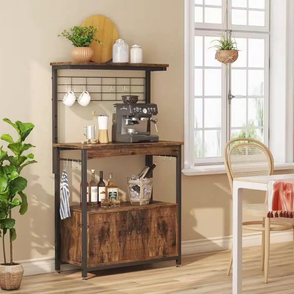 Industrial Kitchen Metal Wood Bakers Rack Microwave Cart with Storage Cabinet by HomePacific