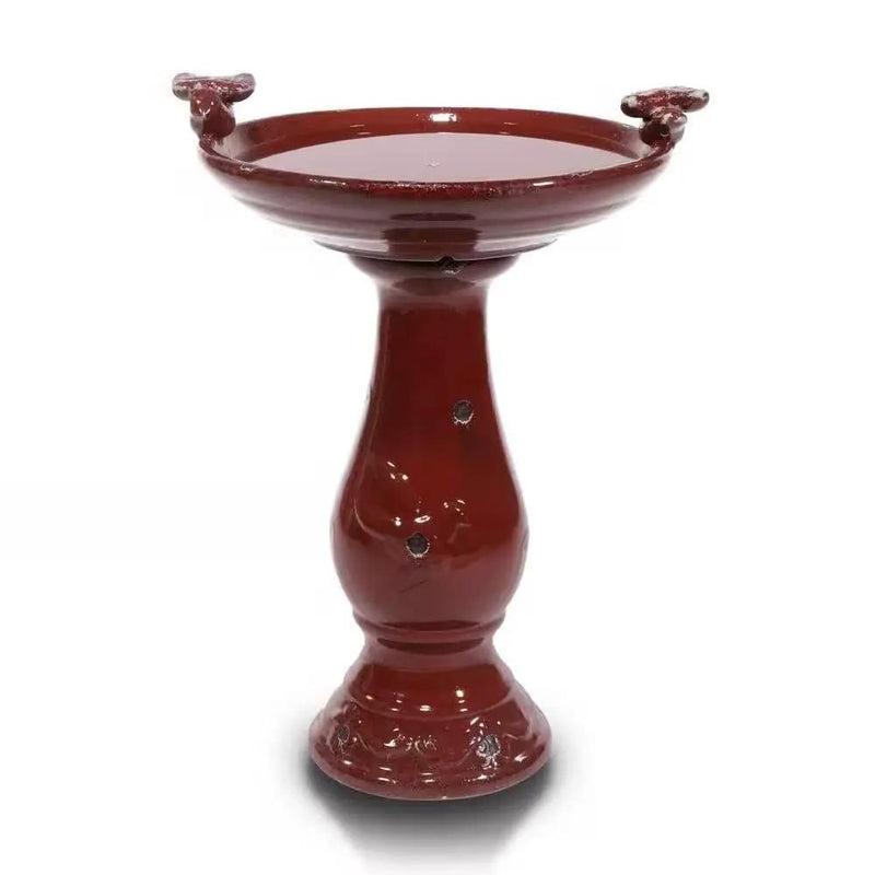 Outdoor Dark Red Ceramic Birdbath in Antique Finish by HomePacific
