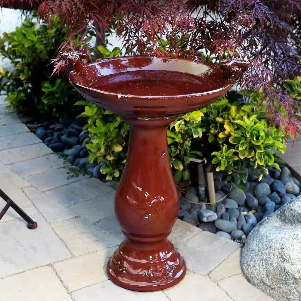 Outdoor Dark Red Ceramic Birdbath in Antique Finish by HomePacific