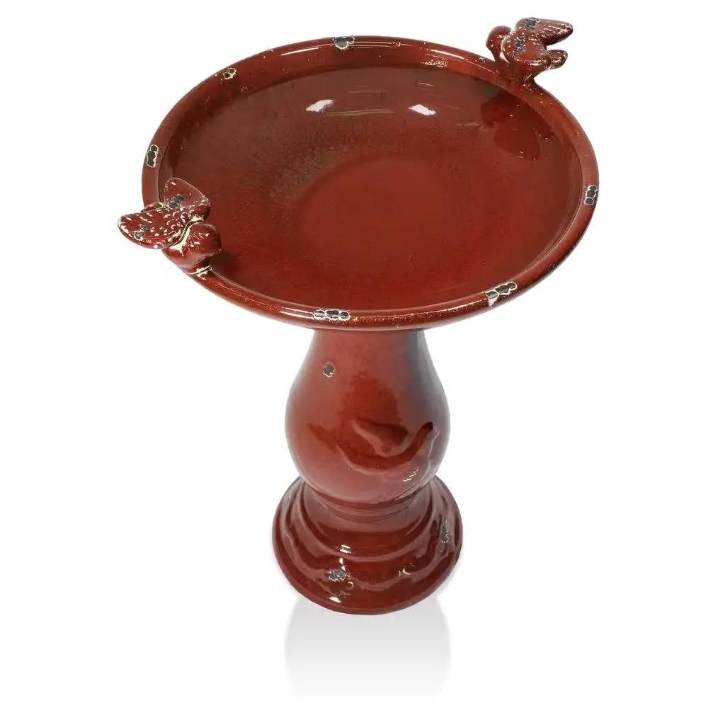 Outdoor Dark Red Ceramic Birdbath in Antique Finish by HomePacific