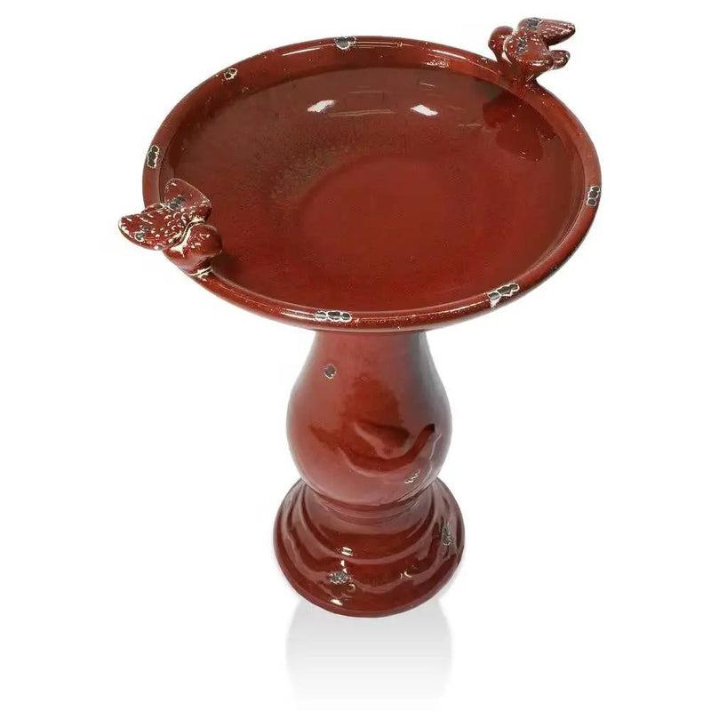 Outdoor Dark Red Ceramic Birdbath in Antique Finish by HomePacific