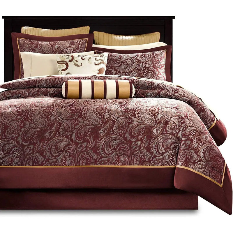 King 12 Piece Cotton Polyester Comforter Set Red Gold Paisley by HomePacific
