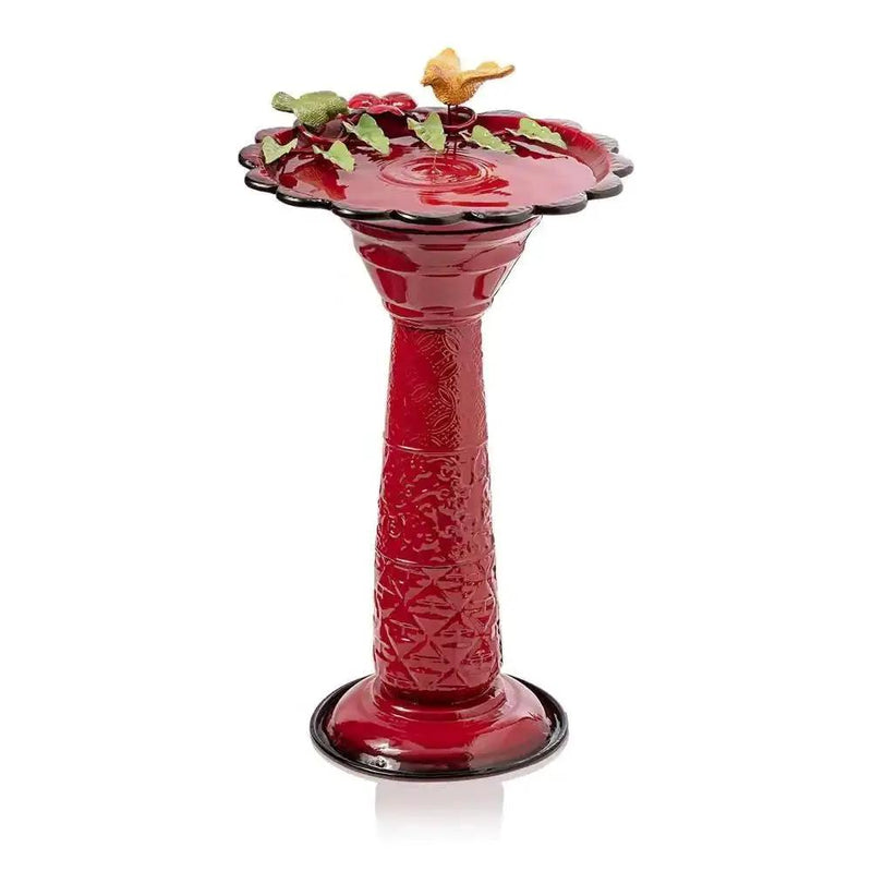 Red Metal Outdoor Garden Patio Birdbath with Decorative Bird Leaf Figurines by HomePacific