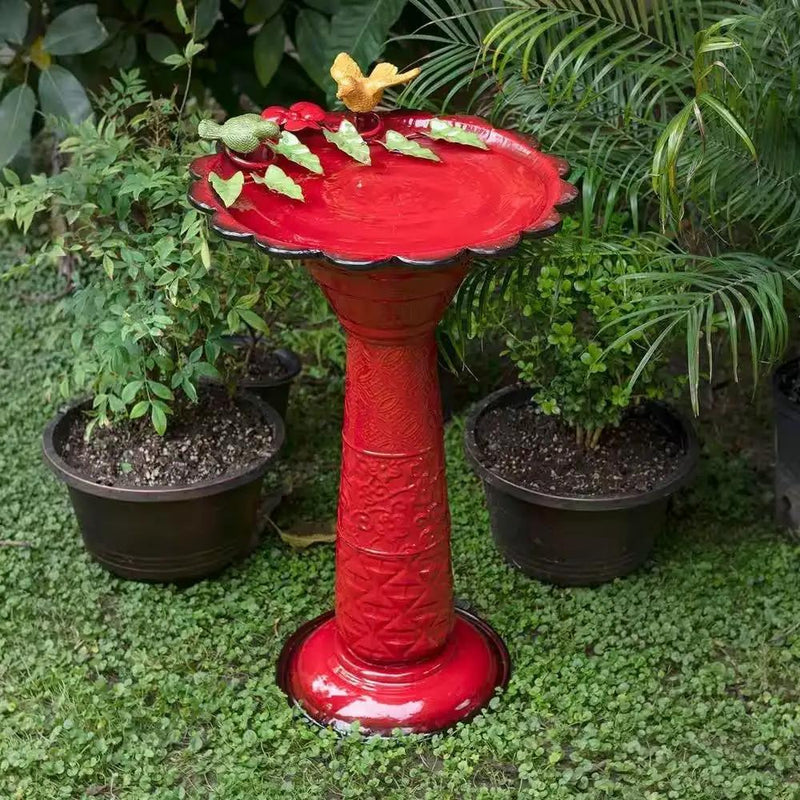 Red Metal Outdoor Garden Patio Birdbath with Decorative Bird Leaf Figurines by HomePacific