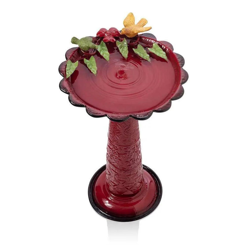 Red Metal Outdoor Garden Patio Birdbath with Decorative Bird Leaf Figurines by HomePacific