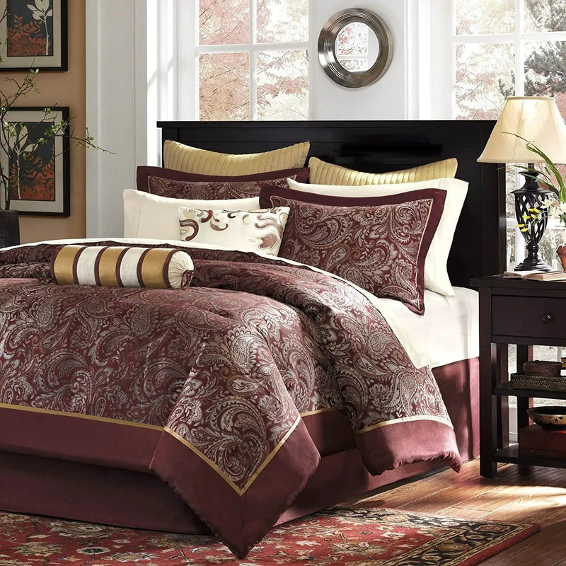 Queen 12 Piece Cotton Polyester Comforter Set Red Gold Paisley by HomePacific