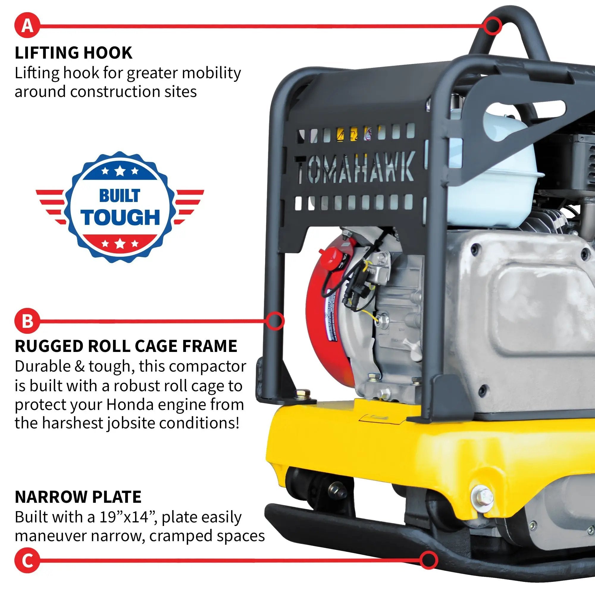 5.5 HP Honda Reverse Plate Compactor 19x14 Plate for Asphalt, Aggregate, Cohesive Soil Compaction by Tomahawk Power