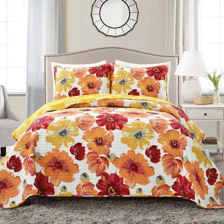 King size Orange Red Flowers Lightweight Polyester Microfiber Quilt Set by HomePacific