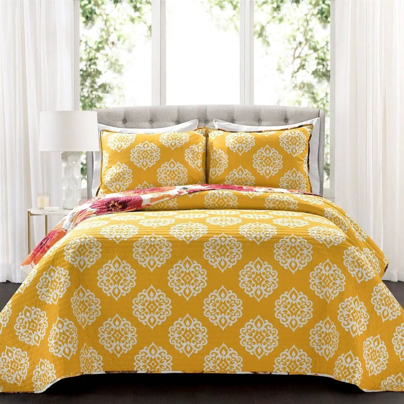 King size Orange Red Flowers Lightweight Polyester Microfiber Quilt Set by HomePacific