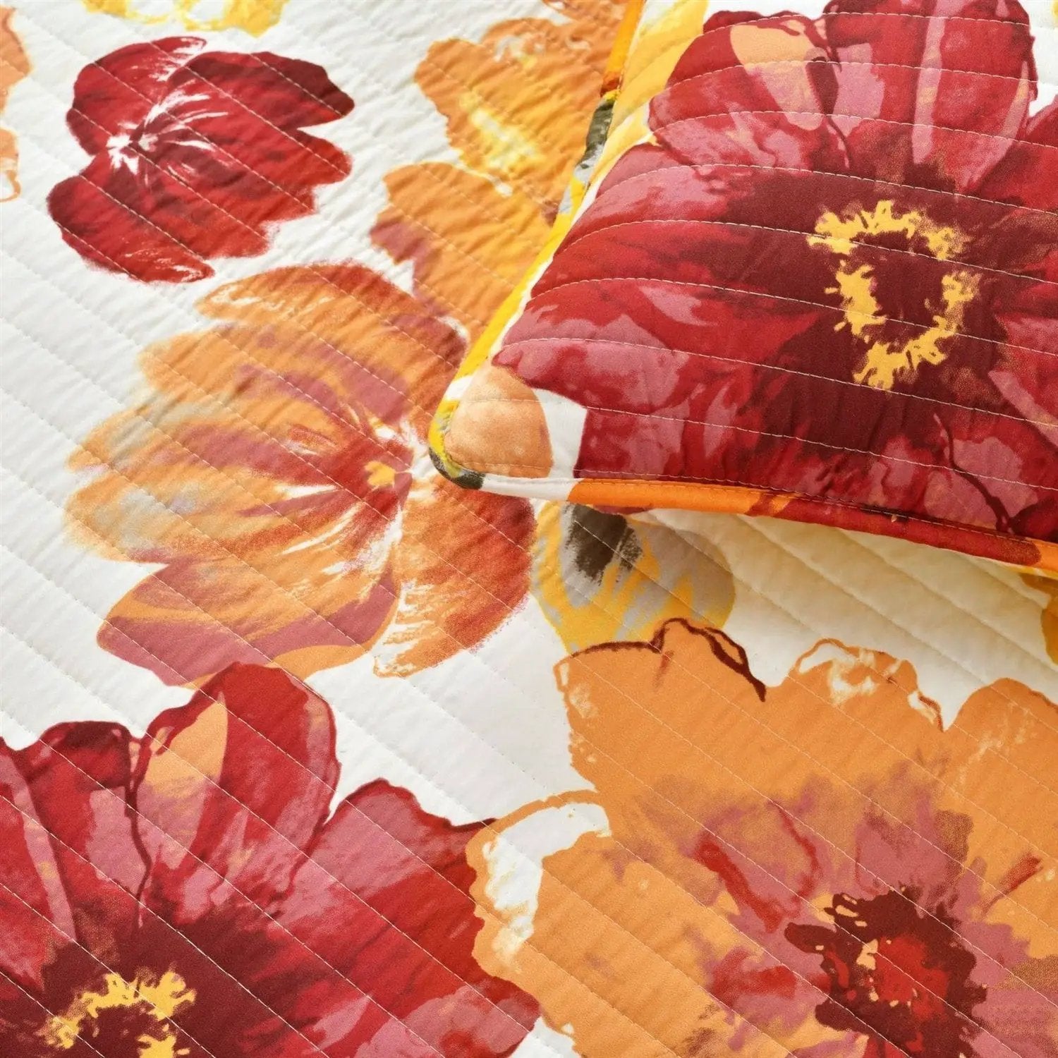 King size Orange Red Flowers Lightweight Polyester Microfiber Quilt Set by HomePacific